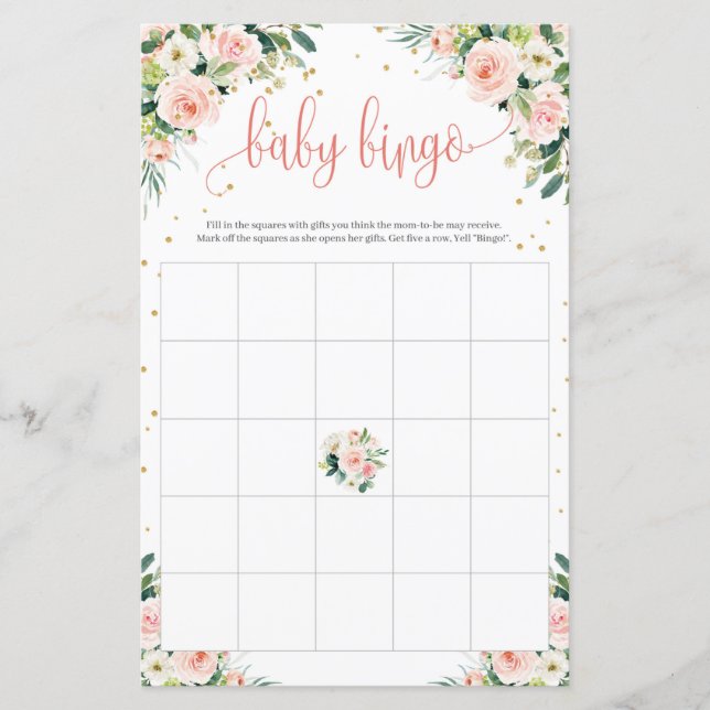 Boho blush pink floral green gold baby bingo game (Front)