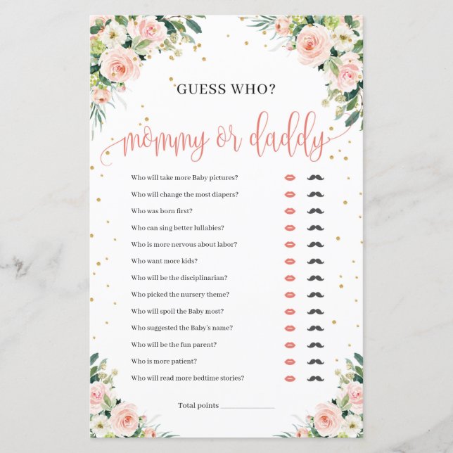 Boho blush pink floral green mommy or daddy game (Front)