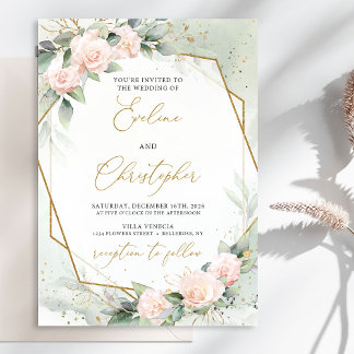 Boho Blush Pink Floral Greenery Gold Frame Wedding Invitation
