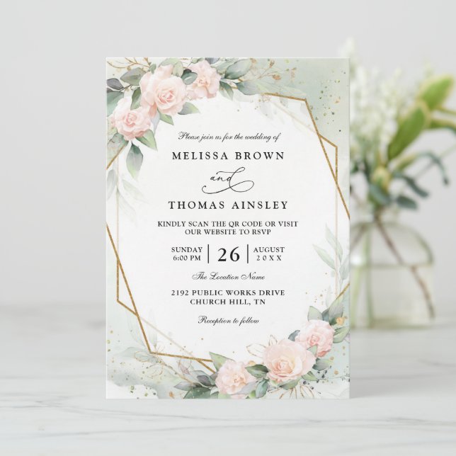 Boho Blush Pink Floral Greenery QR Code Wedding Invitation (Standing Front)