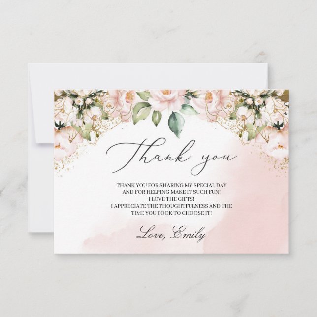 Boho blush pink floral pastel bridal shower thank you card (Front)
