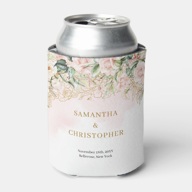 Boho blush pink floral roses gold greenery wedding can cooler (Can Front)