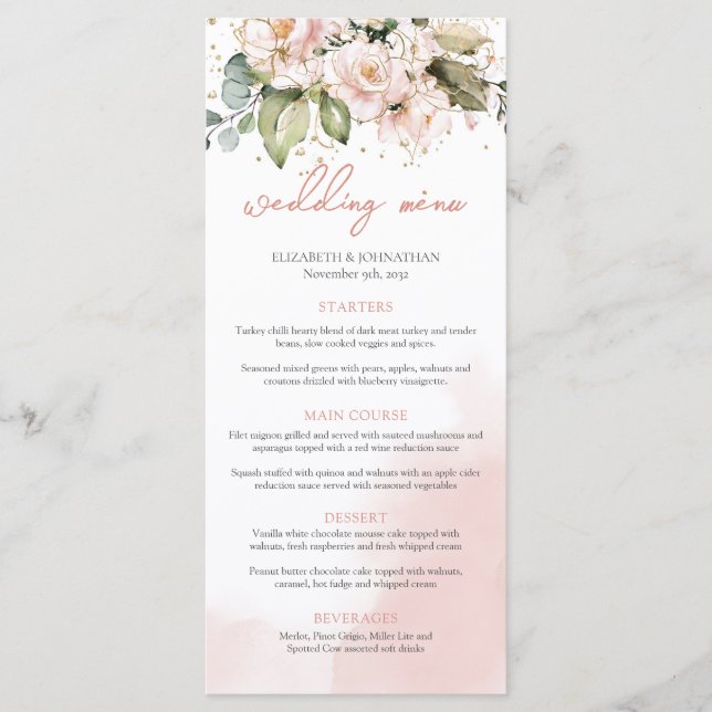 Boho Blush Pink Floral Roses Wedding Menu Modern (Front)