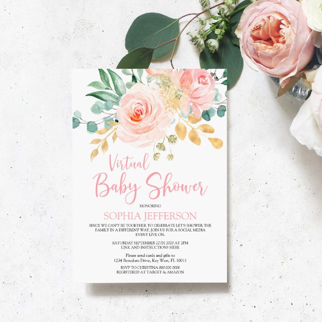 Boho Blush Pink Floral Virtual Baby Shower Invitation (Creator Uploaded)