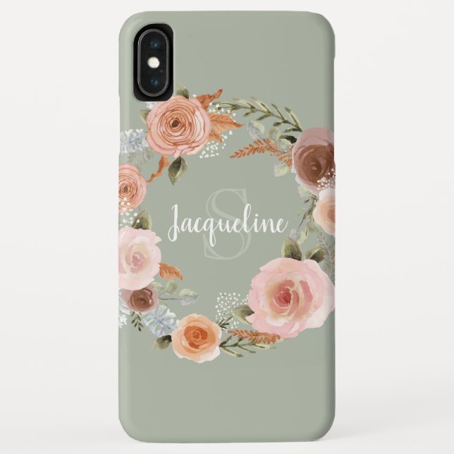 Boho Blush Pink Floral Wreath Sage Greenery Name Case-Mate iPhone Case (Back)