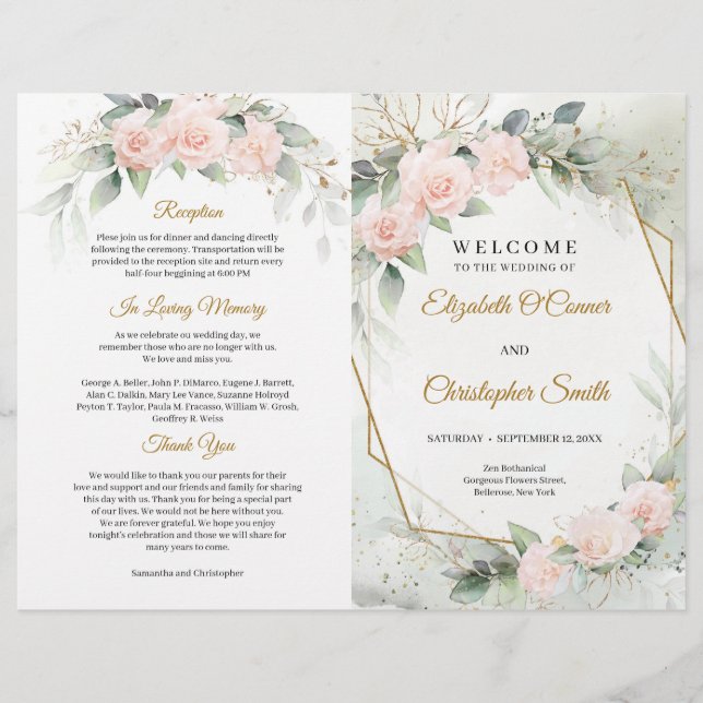 Boho blush pink flowers eucalyptus gold frame  (Front)