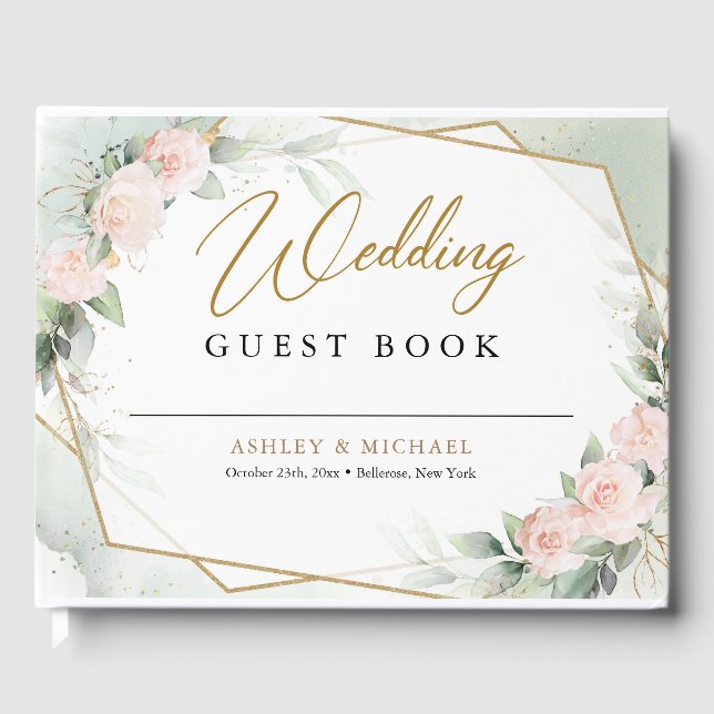 Boho Blush pink flowers greenery and gold wedding Guest Book (Front)