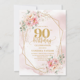 Boho Blush Pink Gold Floral 90th Birthday Invites