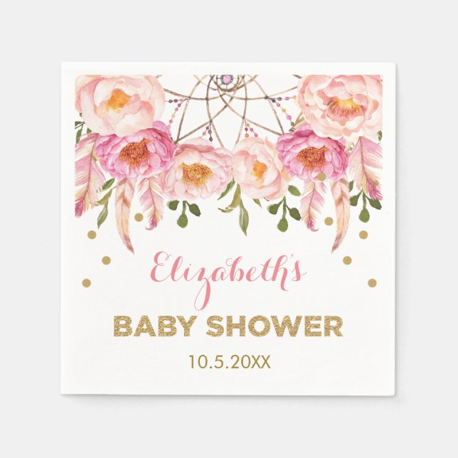 Boho Blush Pink Gold Floral Dreamcatcher Shower Napkin (Front)