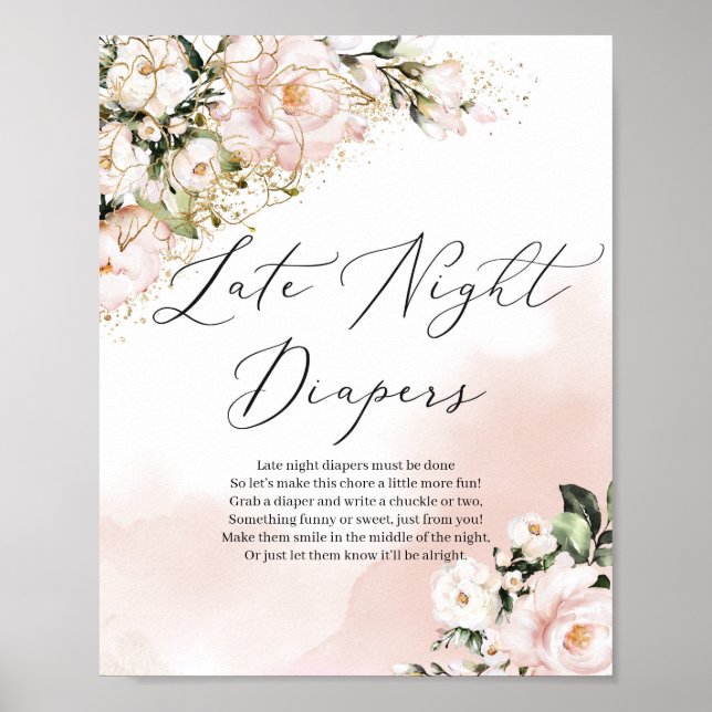 Boho blush pink gold late night diapers game sign (Front)
