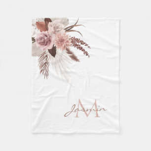 Boho Blush Pink Pampas Grass Floral Monogram Fleece Blanket
