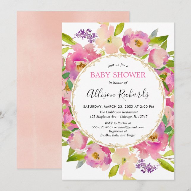 Boho blush pink pastel baby shower girl invitation (Front/Back)