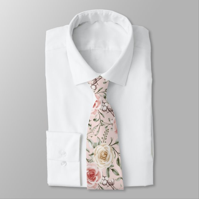 Boho  Blush Pink Peach Cream Floral Botanical  Tie (Tied)