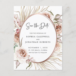 Boho Blush Pink Roses Dried Palm Save the Date Announcement Postcard