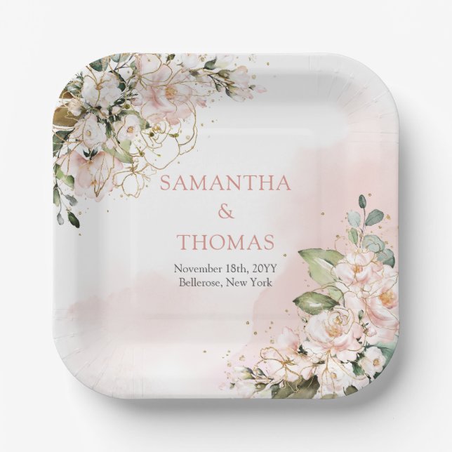 Boho blush pink roses eucalyptus greenery gold paper plate (Front)