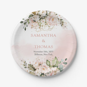 Boho blush pink roses eucalyptus greenery gold paper plate