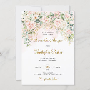 Boho Blush Pink Roses Flowers Romantic Wedding Invitation