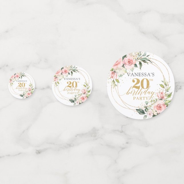 Boho blush pink roses gold glitter 20th birthday confetti (Fronts)