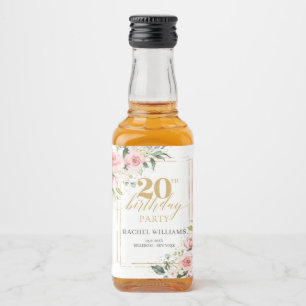 Boho blush pink roses gold glitter 20th birthday liquor bottle label