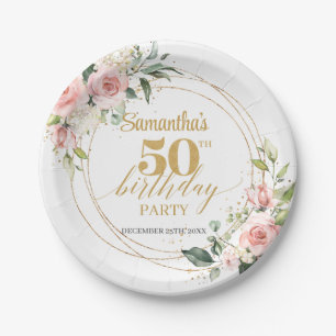 Boho blush pink roses gold glitter 50th birthday paper plate
