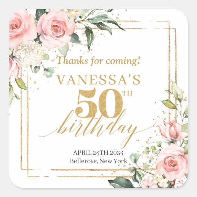 Boho blush pink roses gold glitter 50th birthday square sticker (Front)