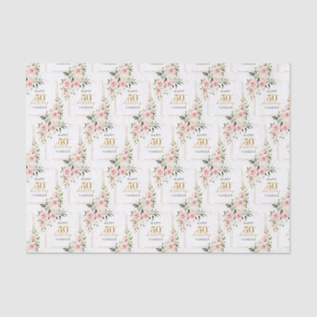 Boho blush pink roses gold glitter 50th birthday tissue paper (Front)