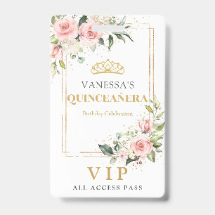 Boho blush pink roses gold tiara sage Quinceanera Badge