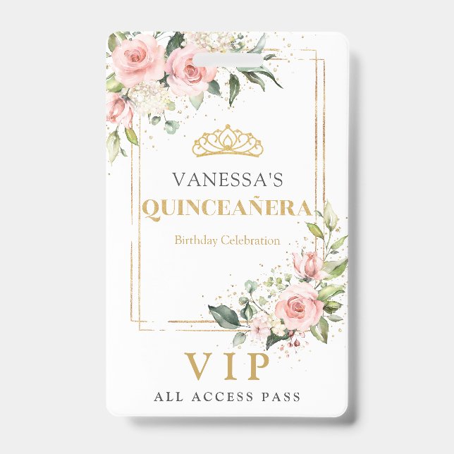 Boho blush pink roses gold tiara sage Quinceanera Badge (Front)