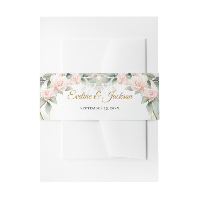 Boho blush pink roses green eucalyptus gold frame invitation belly band (Front Example)