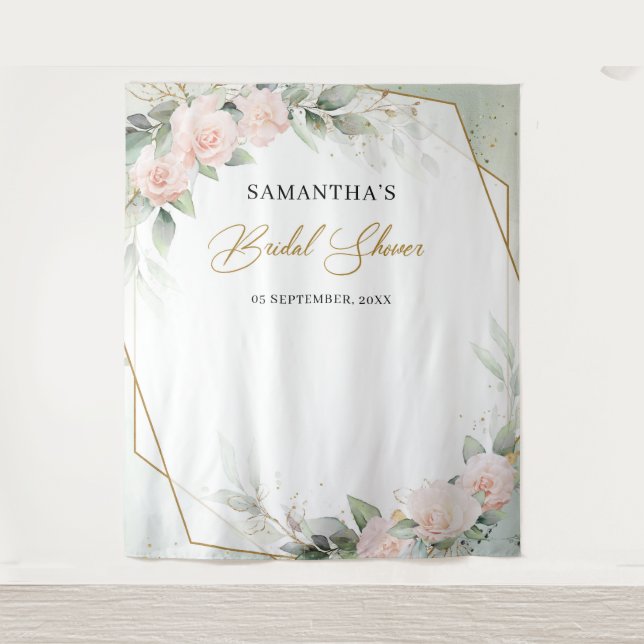 Boho blush pink roses greenery gold bridal shower tapestry (Front)