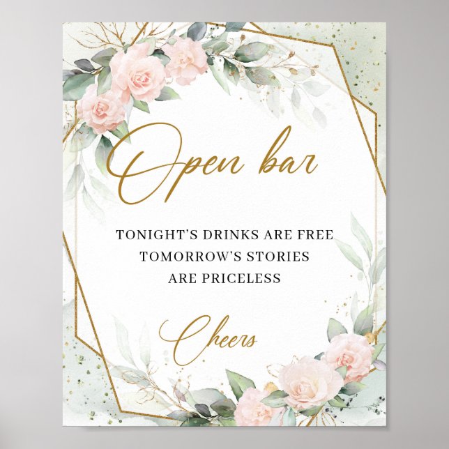 Boho blush pink roses greenery gold frame open bar poster (Front)