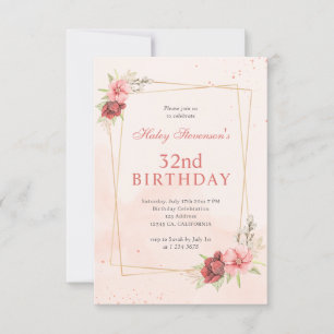 Boho Blush Pink Terracotta Floral 32nd Birthday Invitation