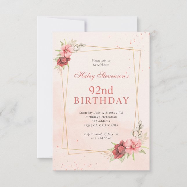 Boho Blush Pink Terracotta Floral 92nd Birthday Invitation (Front)