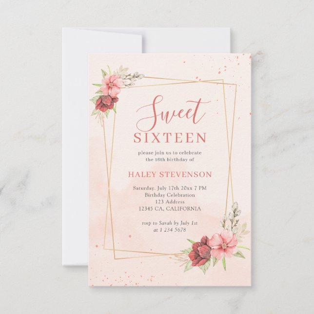Boho Blush Pink Terracotta Floral Chic Sweet 16 Invitation (Front)