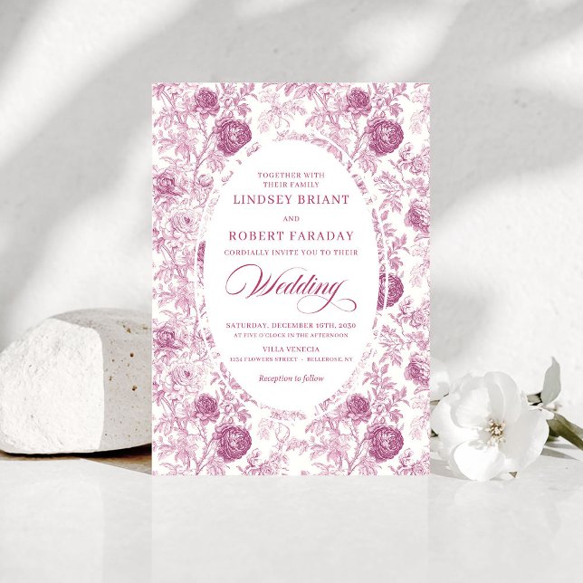 Boho Blush Pink Toile Floral Wedding Invitation  (Boho Blush Pink Toile Floral Wedding Invitation Design)