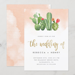 Boho Blush Pink Watercolor & Cactus Wedding Invitation