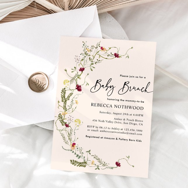 Boho Blush Pink Wildflower Wreath Baby Brunch Invitation (Creator Uploaded)
