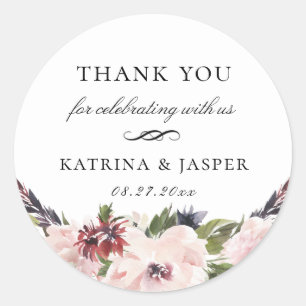 Boho Blush Plum Floral Wedding Favour Classic Round Sticker