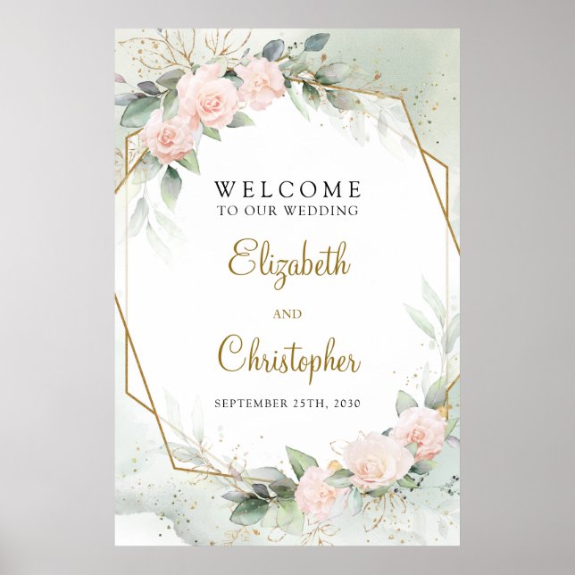 Boho Blush rose Floral et Affiche de bienvenue or (Devant)