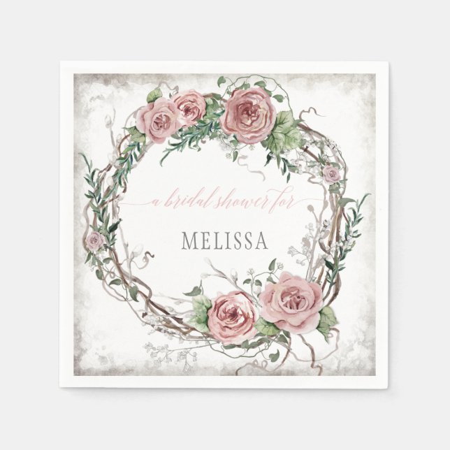 BOHO Blush Rose Floral Wreath Bridal Shower Napkin (Front)