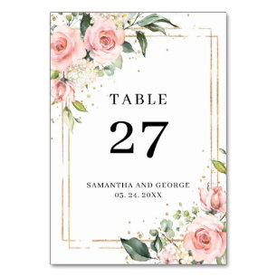 Boho blush roses and gold frame and greenery table number