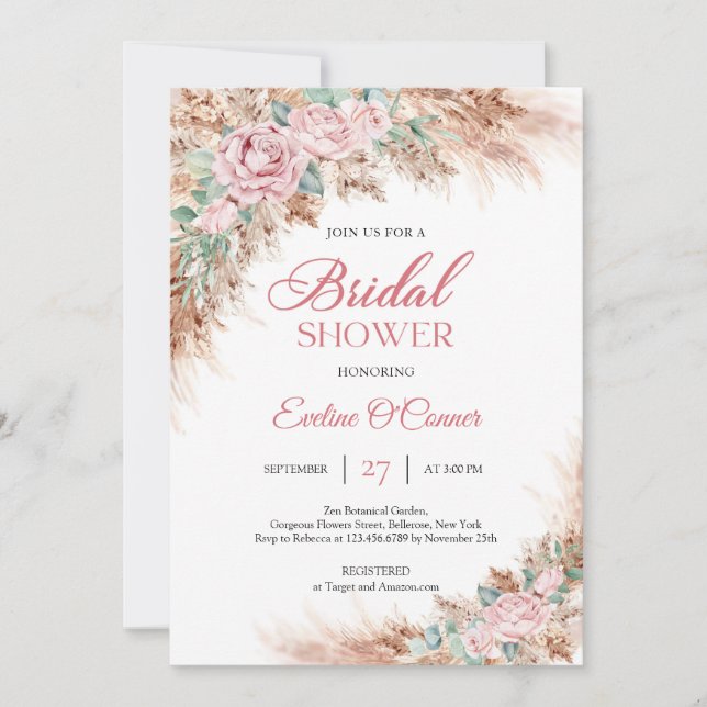 Boho Blush roses floral pampas grass greenery  Invitation (Front)