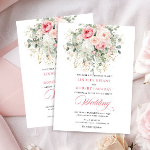 Boho Blush Roses Gold Floral Wedding Invitation