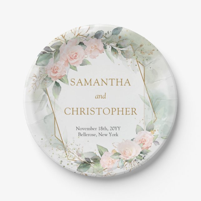 Boho blush roses gold glitter eucalyptus wedding paper plate (Front)