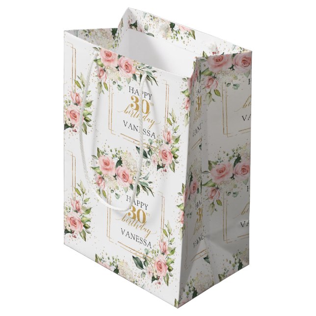 Boho blush roses green gold 30th Birthday Gift Bag (Front Angled)
