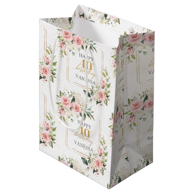 Boho blush roses green gold 40th Birthday Gift Bag (Front Angled)