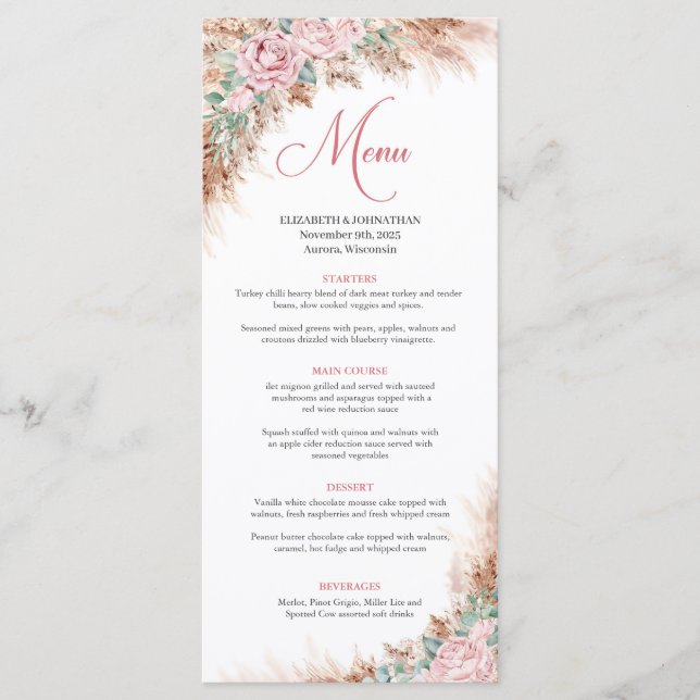 Boho blush Roses Greenery and pampas grass  Menu (Front)