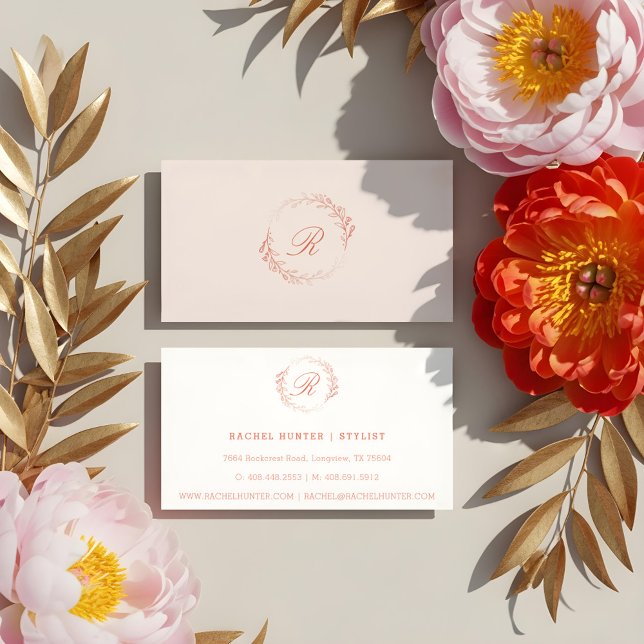 Boho Blush Watercolor Floral Crest Wreath Monogram Business Card (Elegant Luxury Floral Crest Wreath Monogram Business Card)