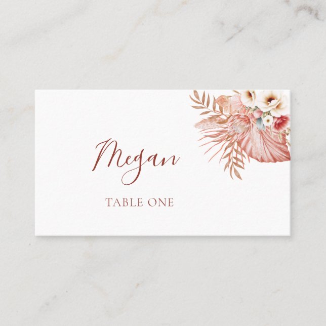 Boho Blush Watercolor Floral Wedding Place Card (Front)