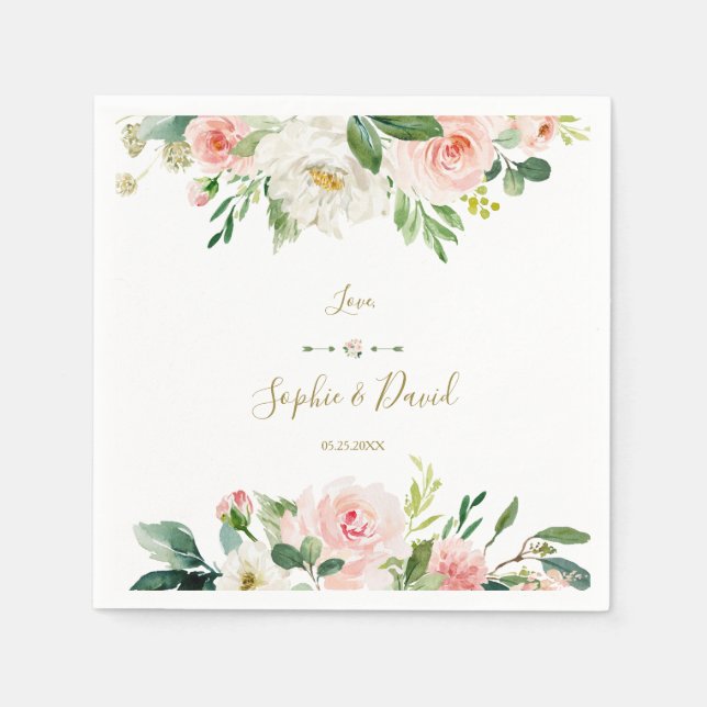 Boho Blush White Flowers Handwriting Wedding Napkin (Front)